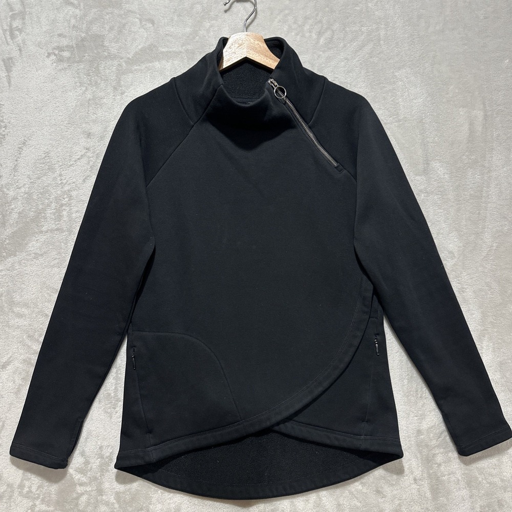 ATHLETA Cozy Karma Asym Pullover Women's XS Black Sweatshirt‎ Neck Zipper Wrap
